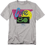 Gray t-shirt with colorful 'CaF? 80' graphic design on a white background