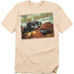 Beige t-shirt with 'Greetings from Hill Valley 1885' graphic featuring a train and car.