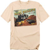 Beige t-shirt with 'Greetings from Hill Valley 1885' graphic featuring a train and car.
