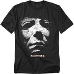 Black t-shirt with a graphic of a face and 'Halloween II' text on a white background
