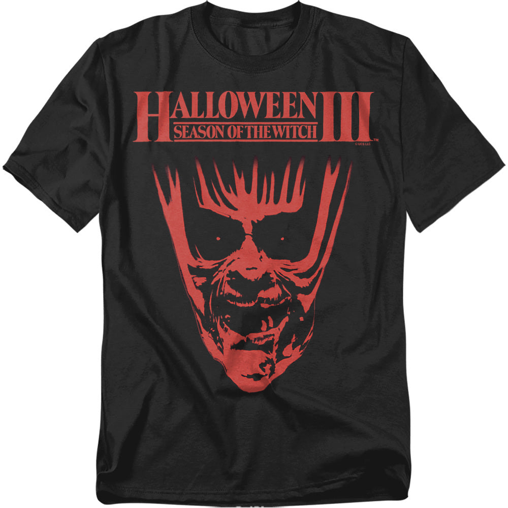 Black Halloween III: Season of the Witch t-shirt featuring a bold red mask-style graphic with the movie’s title above.