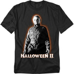Black t-shirt with 'Halloween II' graphic featuring michael myers