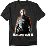 Black t-shirt with 'Halloween II' graphic featuring michael myers