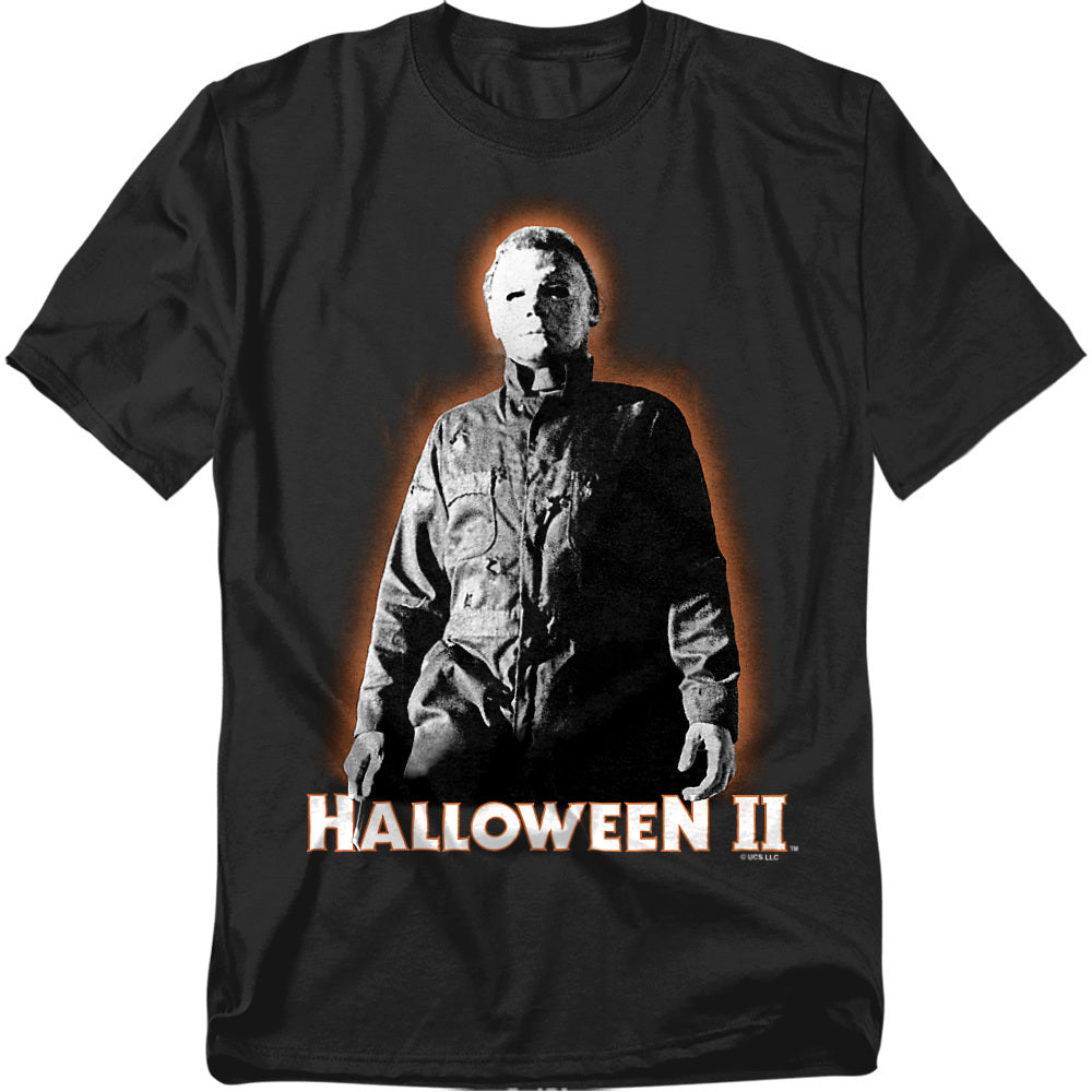 Black t-shirt with 'Halloween II' graphic featuring michael myers