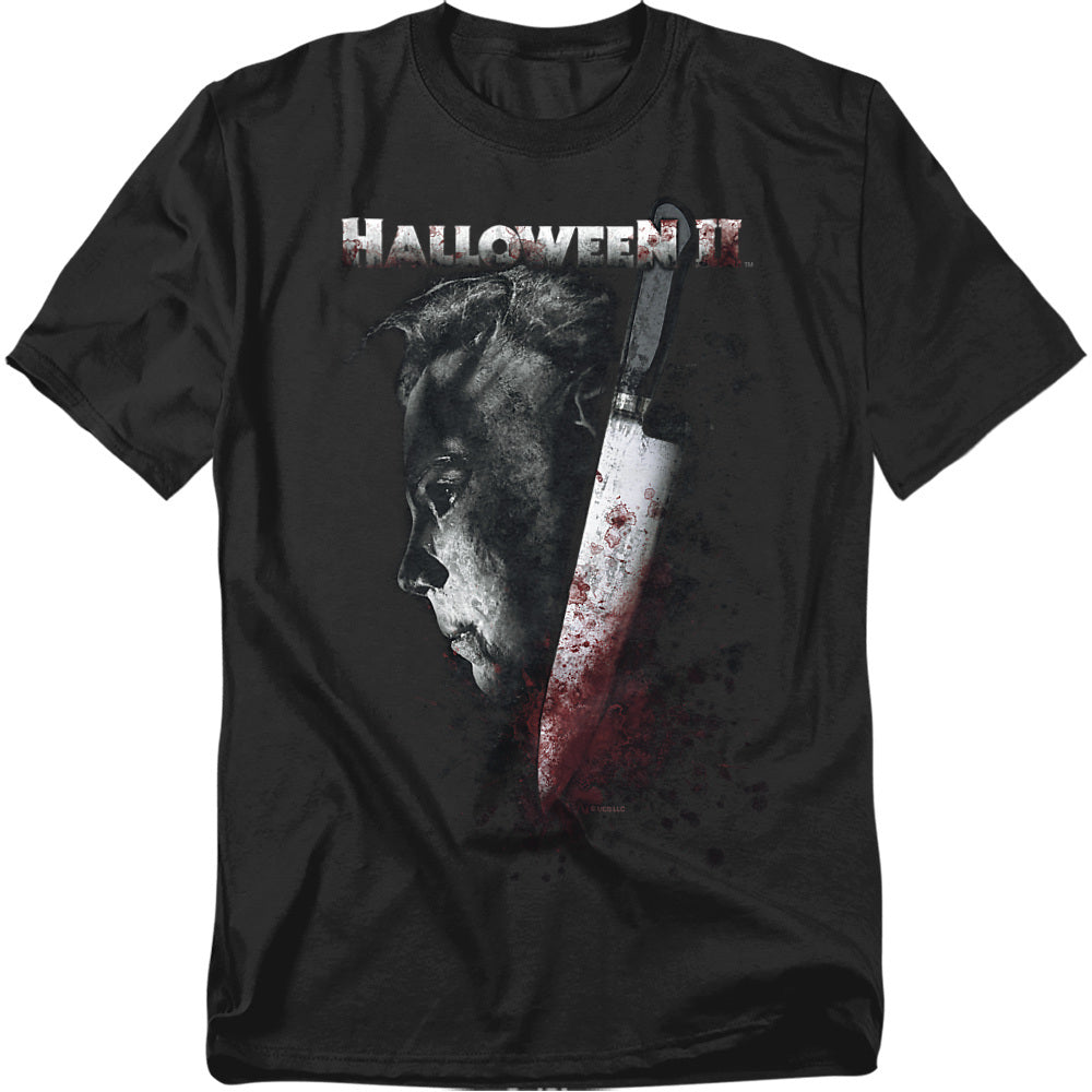 Black t-shirt with a graphic design of a dog with a knife and 'Halloween II' text on a white background