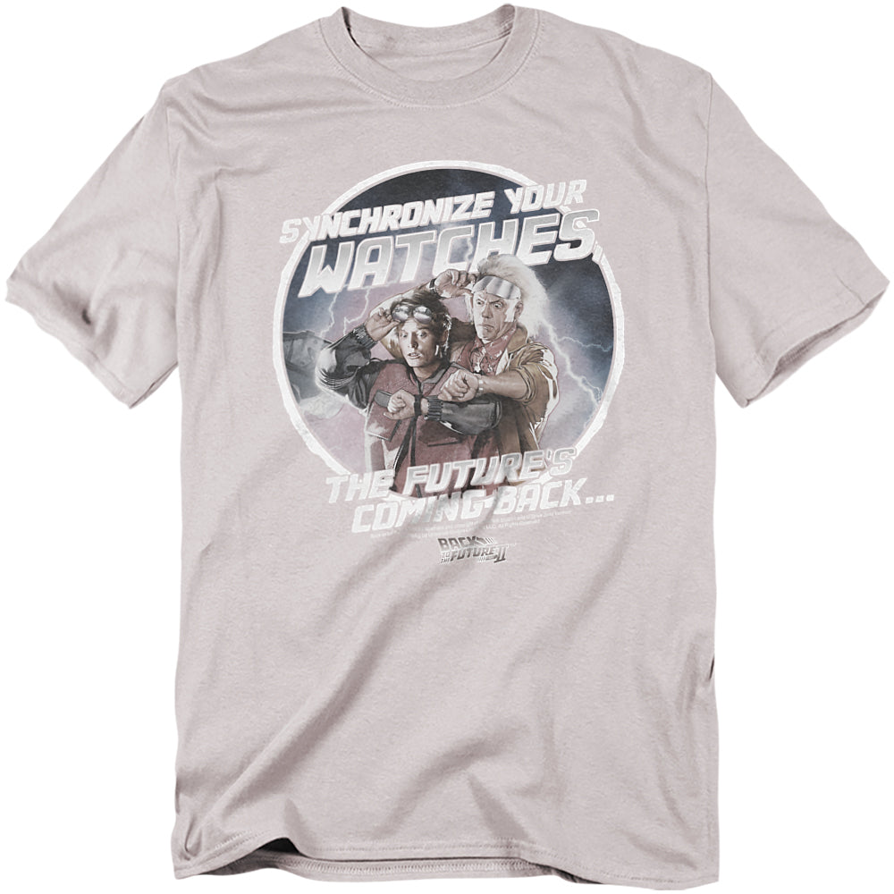 Gray t-shirt with 'Back to the Future' graphic design featuring Marty McFly and Doc Brown.