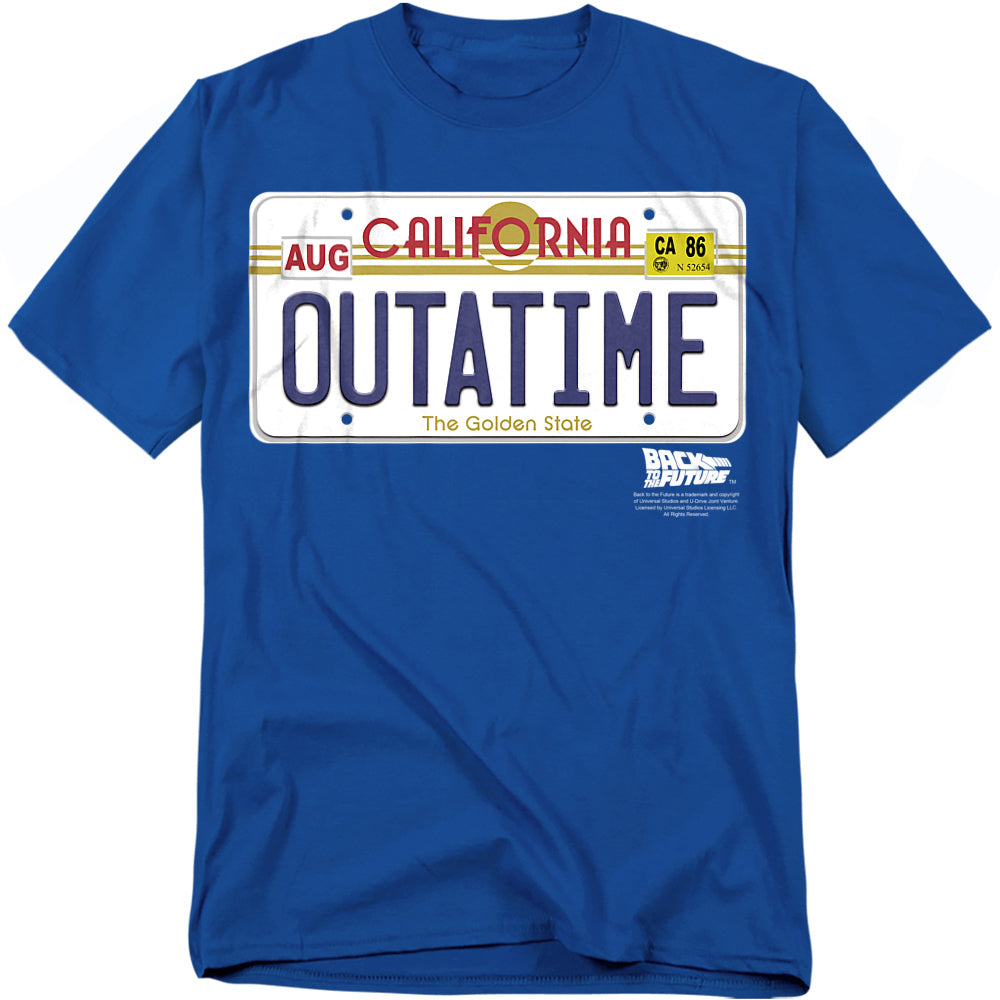 Blue t-shirt with 'Outatime' license plate design on a white background