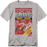 Gray t-shirt with a vintage sports almanac design on a white background