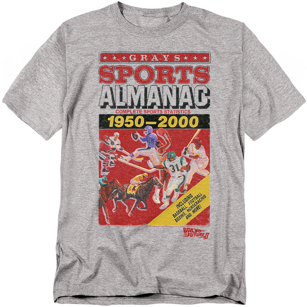 Gray t-shirt with a vintage sports almanac design on a white background