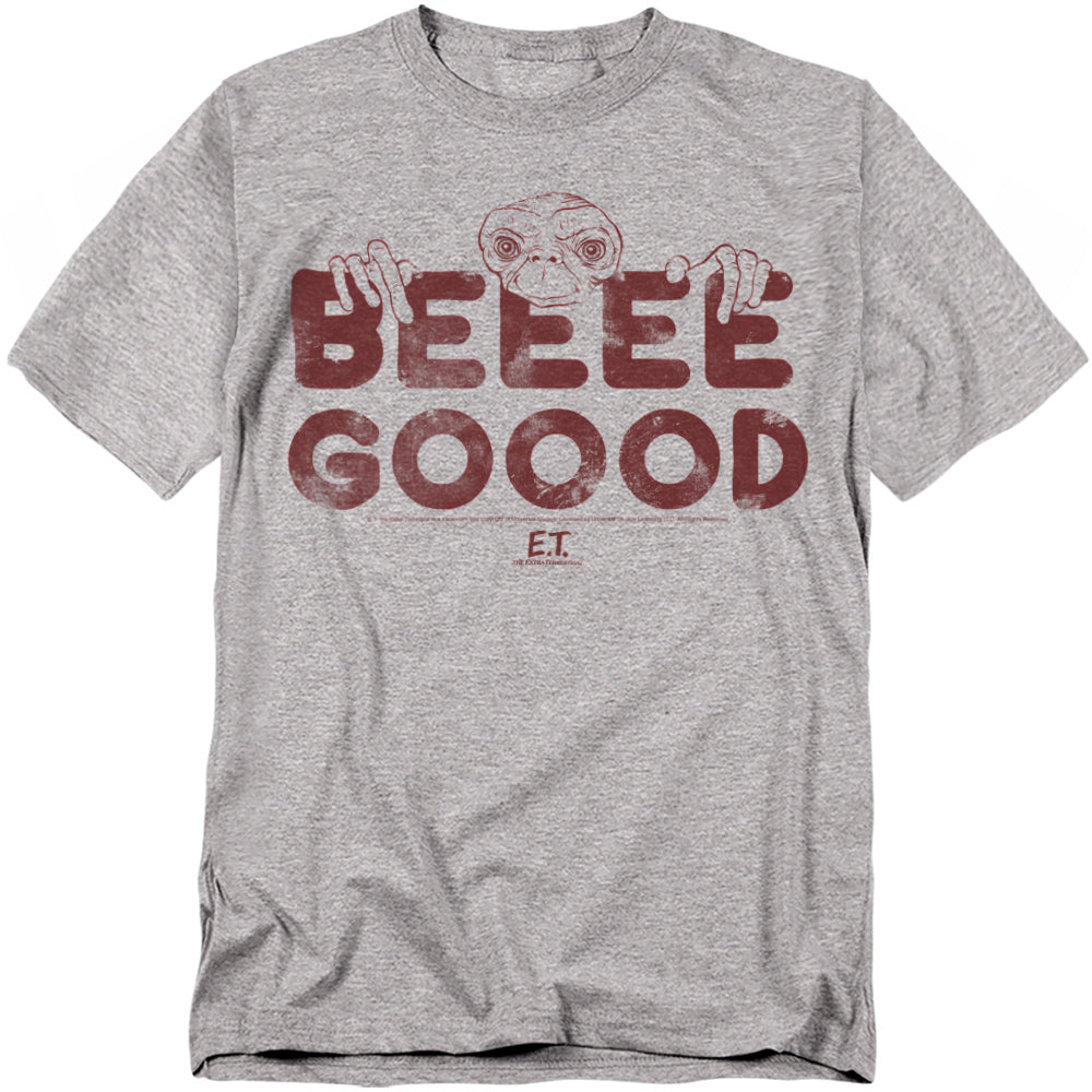 Gray t-shirt with red 'BEEEE GOOOD' text and E.T. graphic on a white background