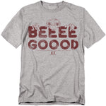 Gray t-shirt with red 'BEEEE GOOOD' text and E.T. graphic on a white background