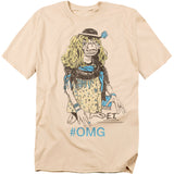 Beige t-shirt with a graphic of E.T. from the movie 'E.T.' and '#OMG' text.