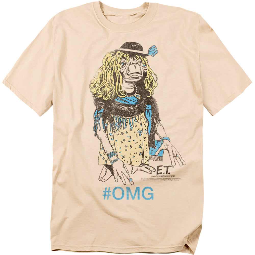Beige t-shirt with a graphic of E.T. from the movie 'E.T.' and '#OMG' text.