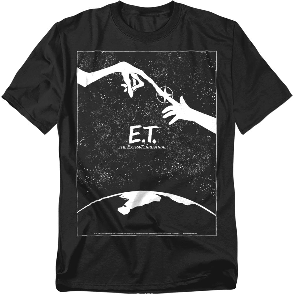 Black t-shirt with 'E.T. The Extraterrestrial' graphic design on a white background