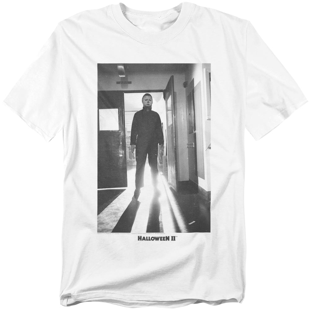 White t-shirt with a graphic of a character from 'Halloween II' in a hallway.