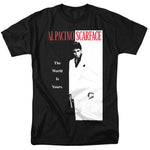 Black t-shirt with the classic Scarface movie poster design featuring Al Pacino as Tony Montana, with the text “The World Is Yours.”