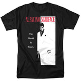 Black t-shirt with the classic Scarface movie poster design featuring Al Pacino as Tony Montana, with the text “The World Is Yours.”