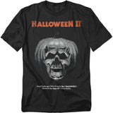 Black t-shirt with orange “Halloween II” text above a skull inside a carved pumpkin design, with tagline “More of the Night He Came Home.”