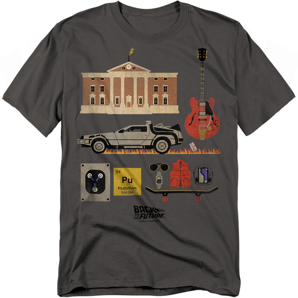 Gray t-shirt with 'Back to the Future' themed graphic design on a white background