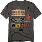 Gray t-shirt with 'Back to the Future' themed graphic design on a white background
