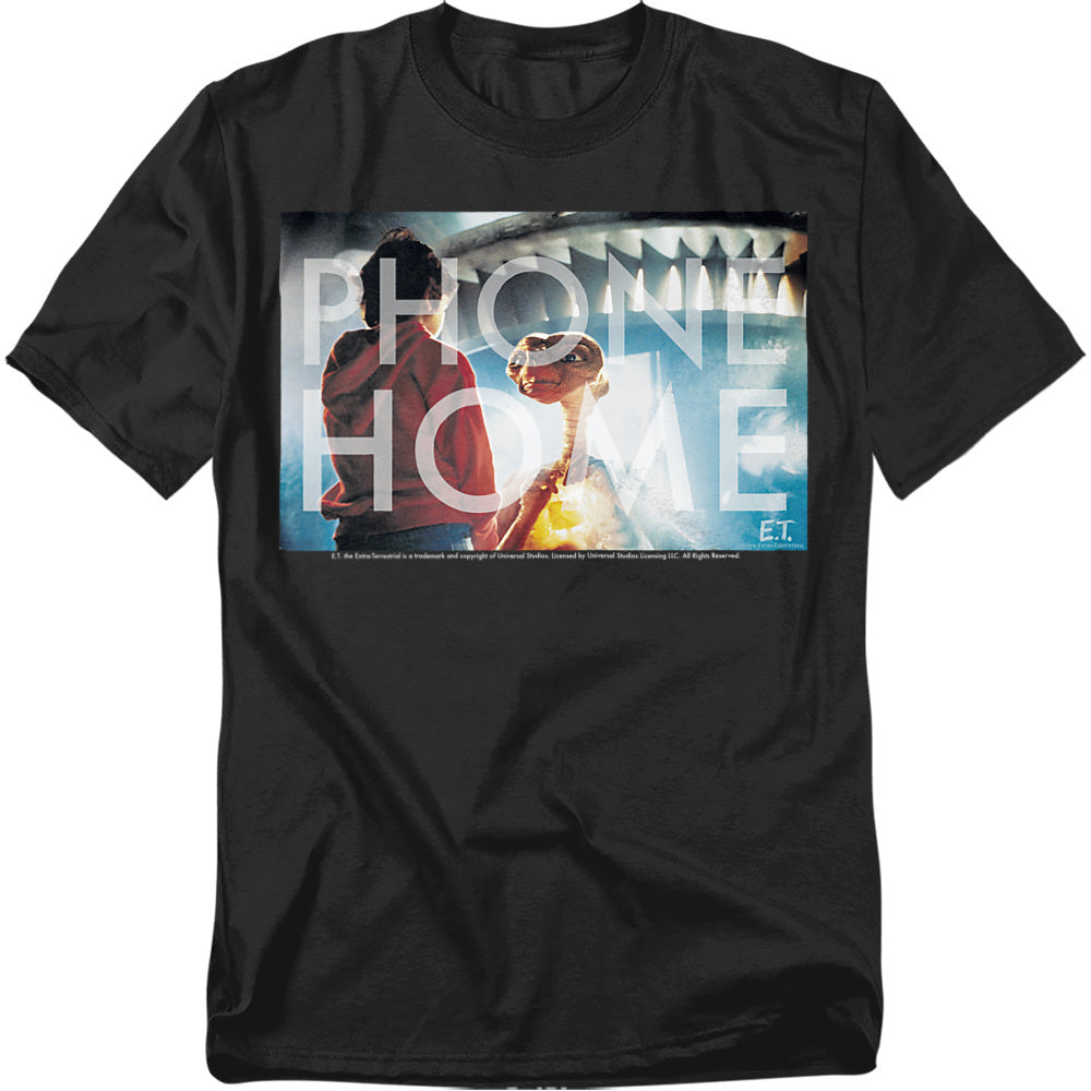 Black t-shirt with a graphic of a person and a character from a movie, with 'Phone Home' text.