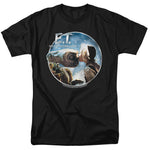 Black t-shirt featuring a circular image of E.T. kissing Gertie from E.T. The Extra-Terrestrial, with the film title above.