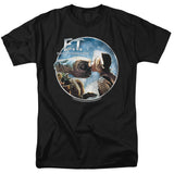 Black t-shirt featuring a circular image of E.T. kissing Gertie from E.T. The Extra-Terrestrial, with the film title above.