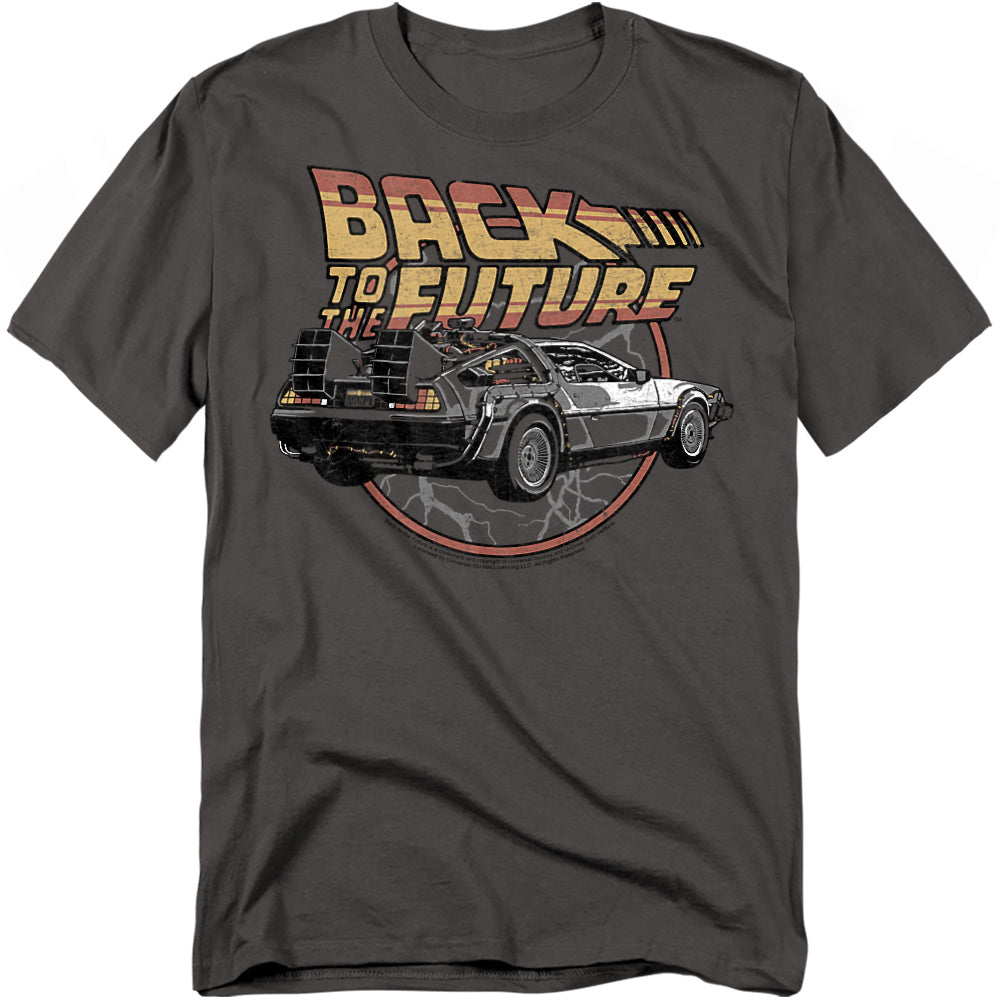 Gray t-shirt with 'Back to the Future' graphic design featuring a car.