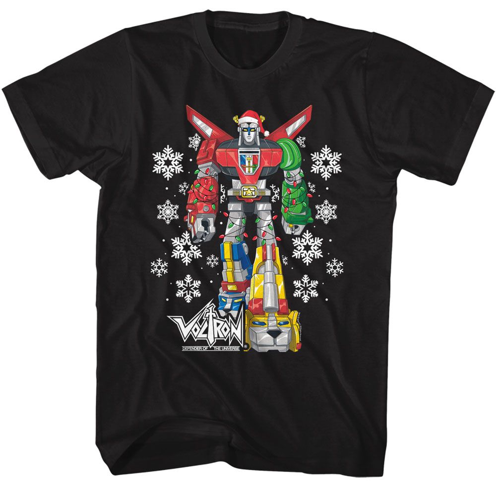 Black t-shirt featuring Voltron wearing a Santa hat, wrapped in Christmas lights, surrounded by snowflakes.