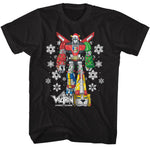 Black t-shirt featuring Voltron wearing a Santa hat, wrapped in Christmas lights, surrounded by snowflakes.