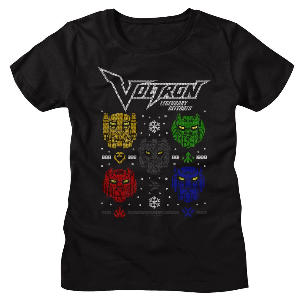 Black t-shirt featuring Voltron Legendary Defender lion heads in a colorful Christmas sweater-style pattern with snowflakes.