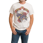 Man wearing a white t-shirt with a graphic design on a plain background