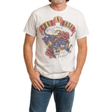 Man wearing a white t-shirt with a graphic design on a plain background