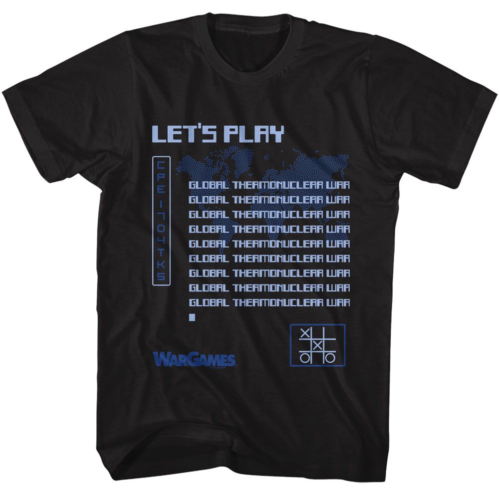 Black WarGames T-shirt featuring Let’s Play Global Thermonuclear War computer screen graphic