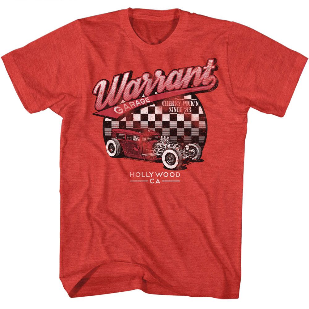 Warrant Garage T-Shirt featuring retro hot rod, checkered flag background, and Hollywood CA text.