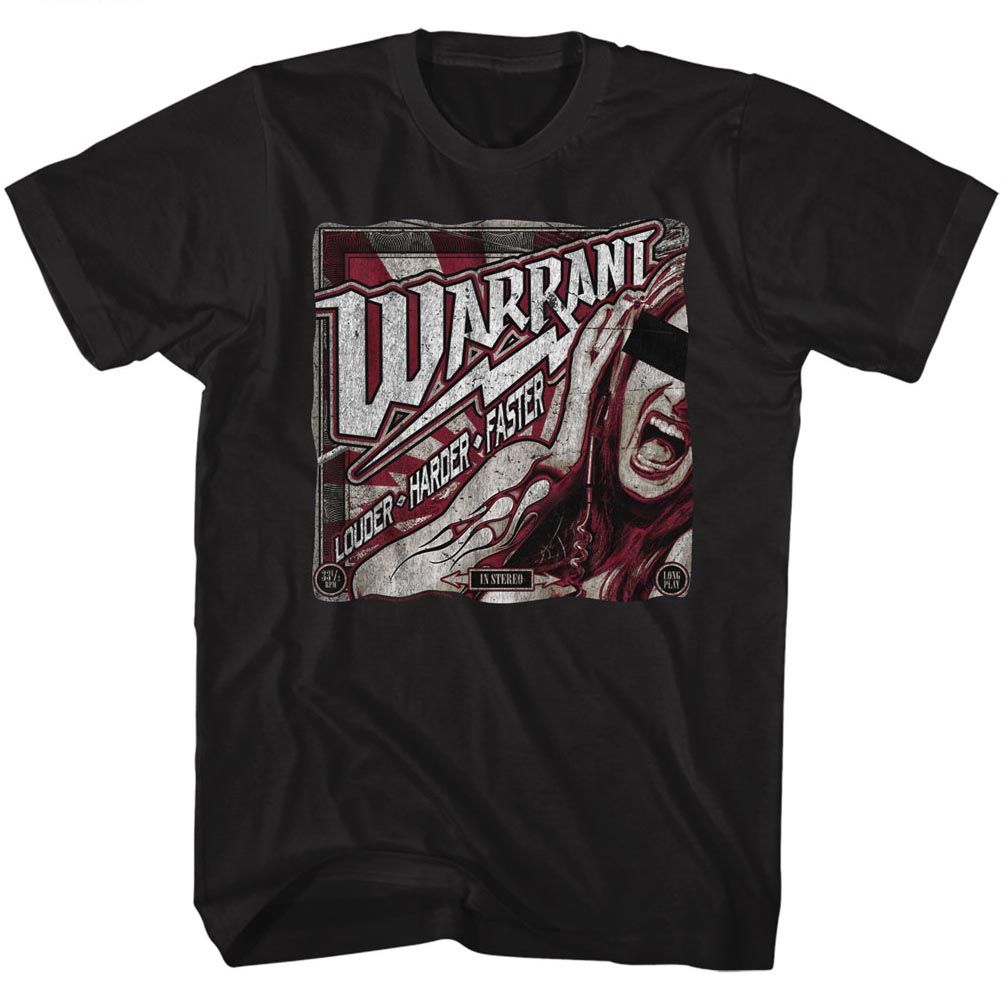 Warrant Louder Harder Faster album-style graphic T-shirt in red, white, and black.