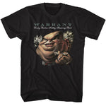 Black T-shirt featuring Warrant Dirty Rotten Filthy Stinking Rich caricature graphic with cash, rings, and vintage album lettering.