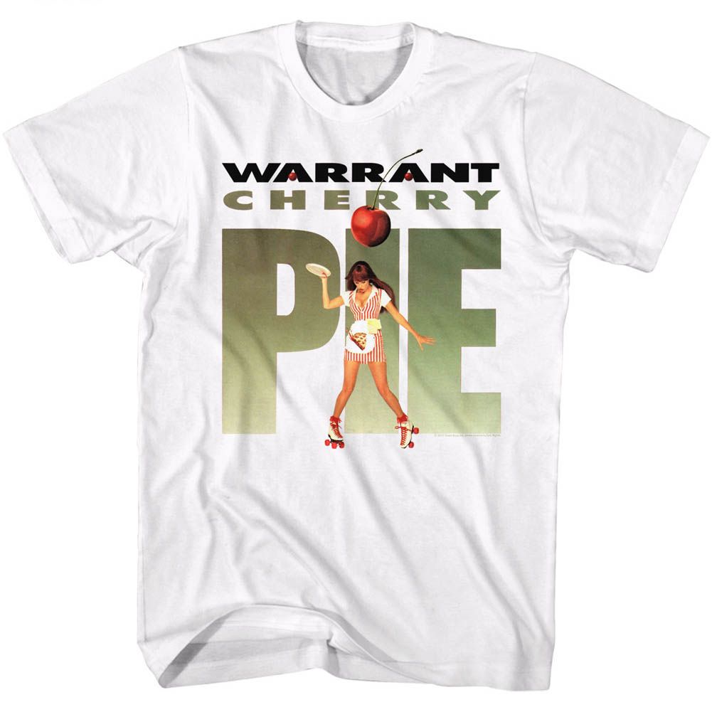 White T-shirt featuring Warrant Cherry Pie roller-girl graphic with oversized green “PIE” text and cherry artwork above.