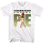 White T-shirt featuring Warrant Cherry Pie roller-girl graphic with oversized green “PIE” text and cherry artwork above.