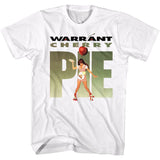 White T-shirt featuring Warrant Cherry Pie roller-girl graphic with oversized green “PIE” text and cherry artwork above.