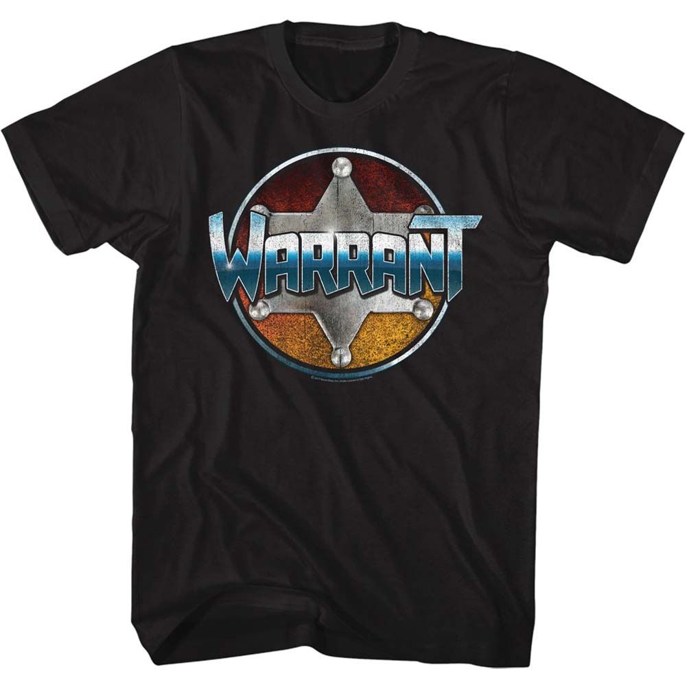 Black T-shirt with Warrant sheriff badge logo featuring distressed metallic textures and blue-gradient band lettering.