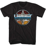 Black T-shirt with Warrant sheriff badge logo featuring distressed metallic textures and blue-gradient band lettering.