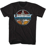 Black T-shirt with Warrant sheriff badge logo featuring distressed metallic textures and blue-gradient band lettering.