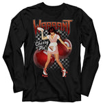 Black long sleeve T-shirt featuring Warrant logo, Cherry Pie roller-girl graphic, checkerboard background, and large cherry art.