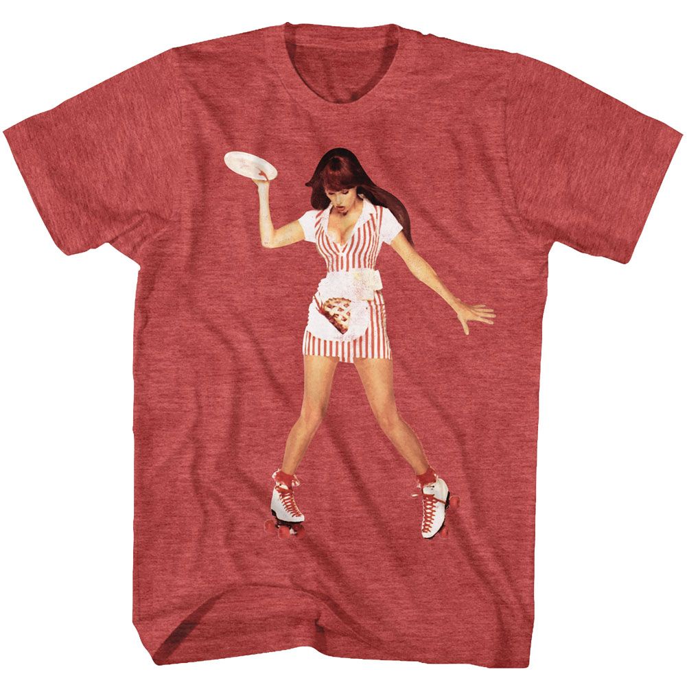 Red heather T-shirt featuring Warrant’s Cherry Pie roller-girl graphic in striped uniform and roller skates.