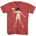 Red heather T-shirt featuring Warrant’s Cherry Pie roller-girl graphic in striped uniform and roller skates.