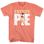 Coral T-shirt featuring Warrant Cherry Pie graphic with roller-girl illustration and oversized white “PIE” text.