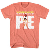 Coral T-shirt featuring Warrant Cherry Pie graphic with roller-girl illustration and oversized white “PIE” text.