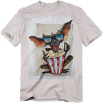 T-shirt with a graphic of a creature eating popcorn on a white background