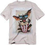 T-shirt with a graphic of a creature eating popcorn on a white background